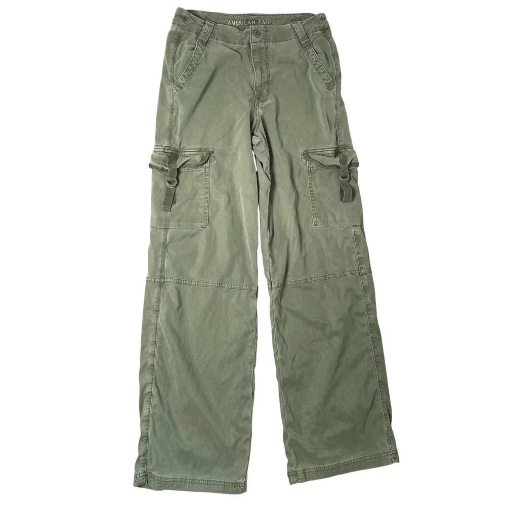 American Eagle Cargo Pants Women 4 Green Hi Rise Baggy Wide Leg Y2K Streetwear